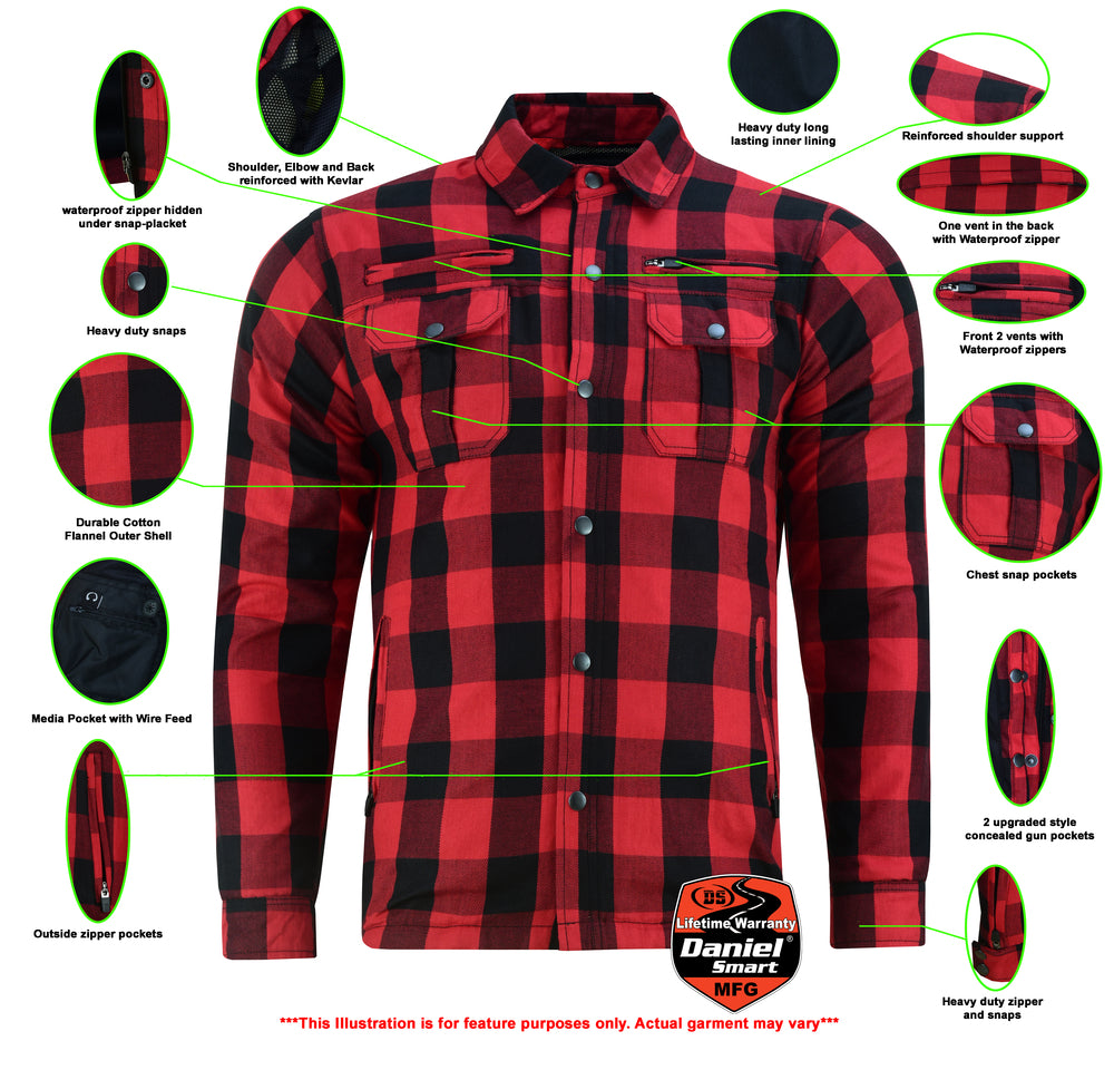 DS4671 Armored Buffalo Plaid Flannel Shirt - Red Mens Textile Motorcycle Jackets Virginia City Motorcycle Company Apparel 