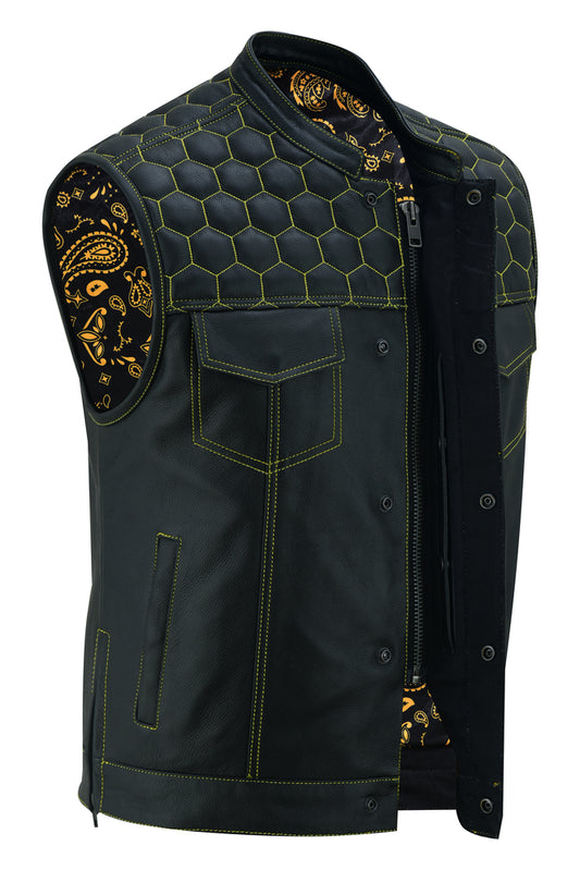 DS195 Men's Gold Accent Quilt Top Leather Vest "The Gold Rush" Men's Vests Virginia City Motorcycle Company Apparel 