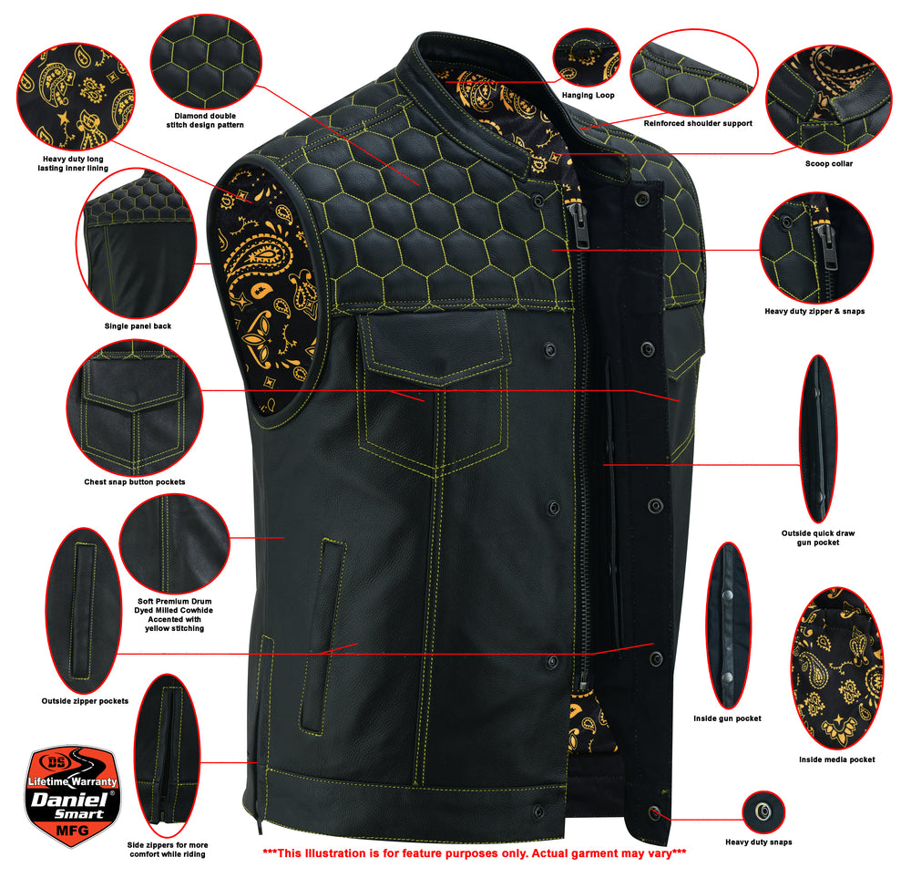 DS195 Men's Gold Accent Quilt Top Leather Vest "The Gold Rush" Men's Vests Virginia City Motorcycle Company Apparel 