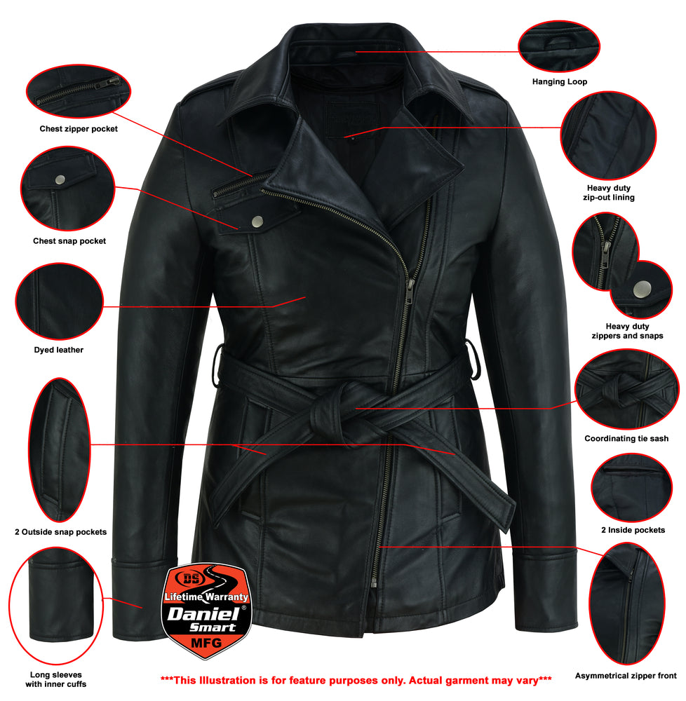 The Elan - Women's Black Thigh Length Leather Jacket women's leather jacket Virginia City Motorcycle Company Apparel in Nevada USA