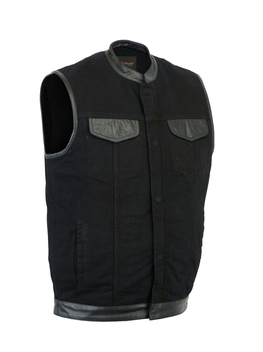 DM992 Men's Black Denim Single Panel Concealment Vest W/ Leather Trim Men's Vests Virginia City Motorcycle Company Apparel 