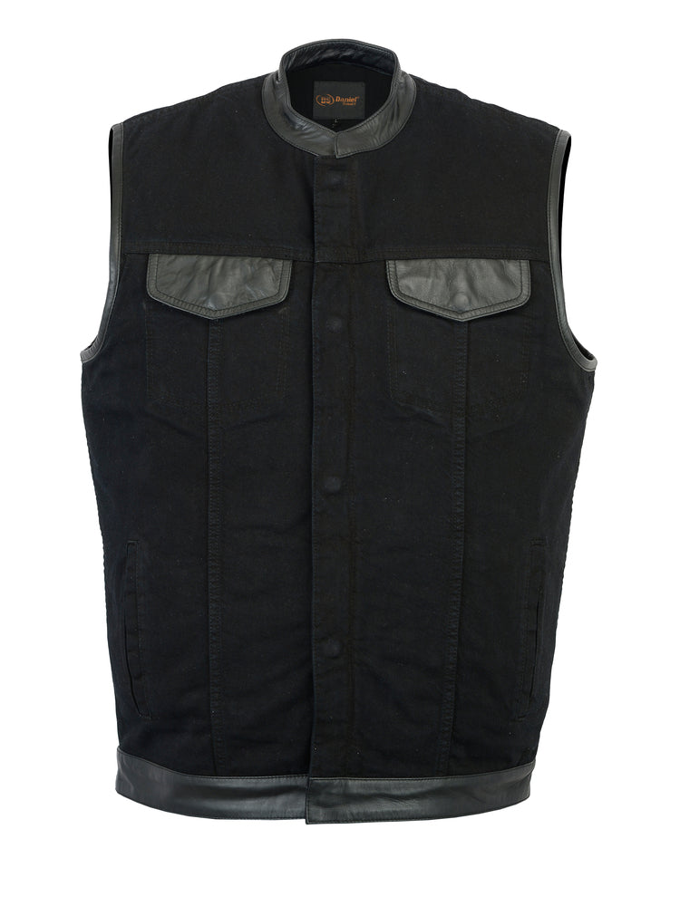 DM992 Men's Black Denim Single Panel Concealment Vest W/ Leather Trim Men's Vests Virginia City Motorcycle Company Apparel 