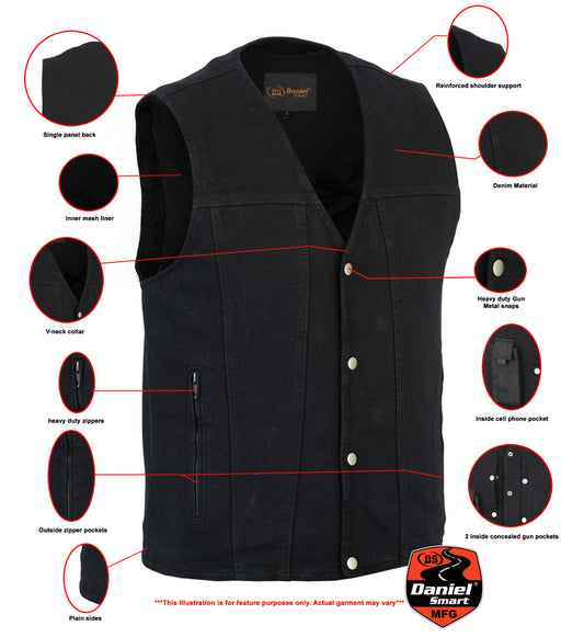 DM925BK Men's Single Back Panel Concealed Carry Denim Vest Men's Vests Virginia City Motorcycle Company Apparel 