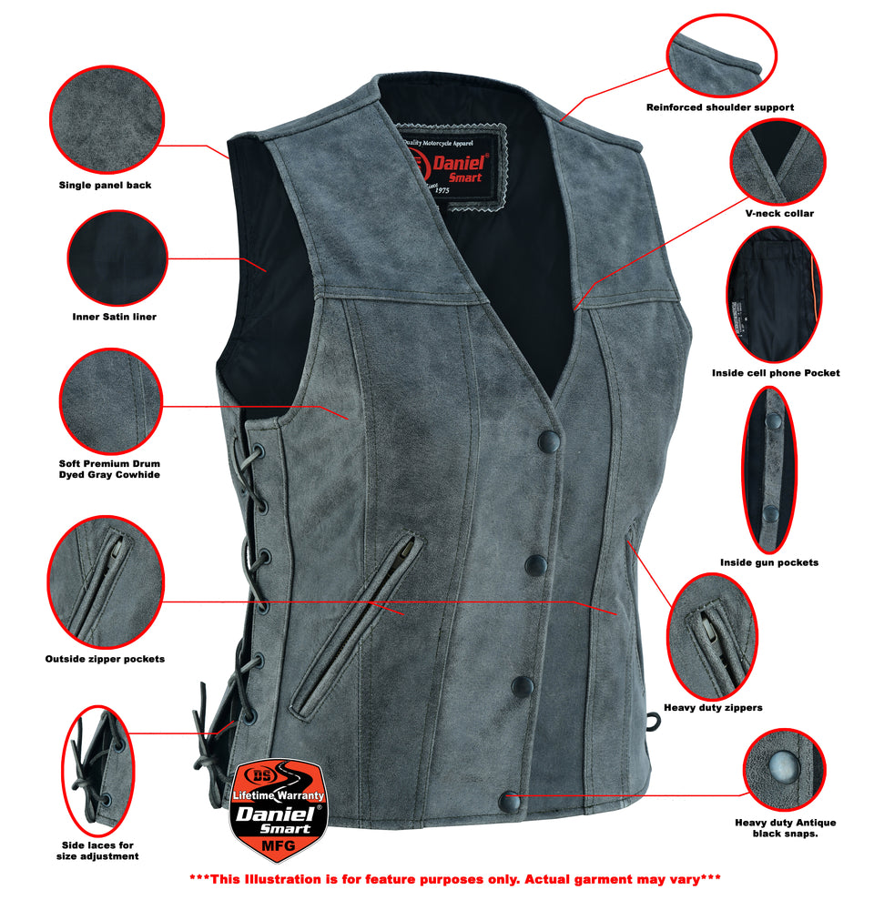 DS205V Women's Gray Single Back Panel Concealed Carry Vest Women's Vests Virginia City Motorcycle Company Apparel 