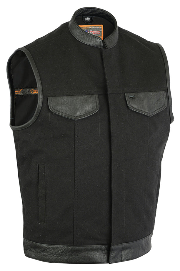 DS685 Canvas Material Single Back Panel Concealment Vest W/Leather Tr Men's Vests Virginia City Motorcycle Company Apparel 