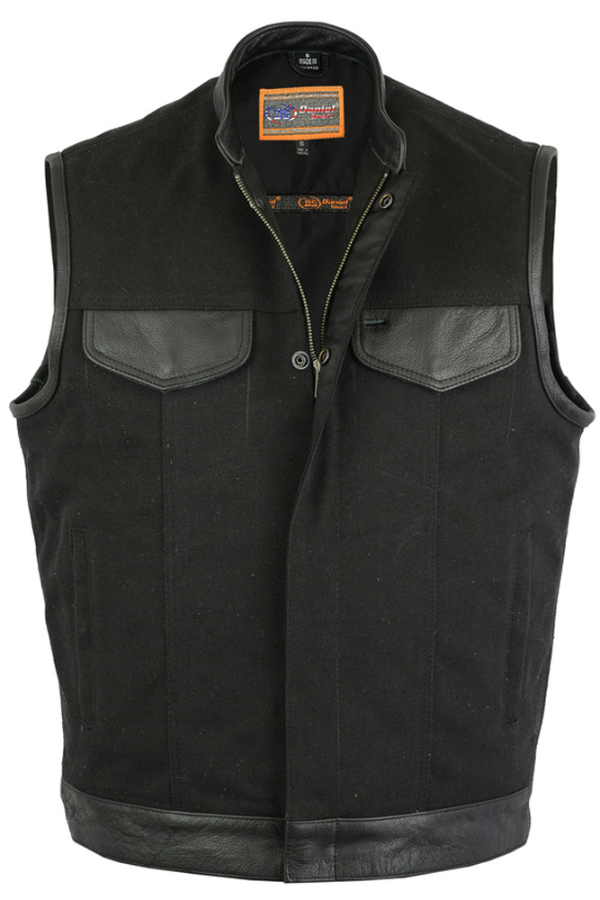 DS685 Canvas Material Single Back Panel Concealment Vest W/Leather Tr Men's Vests Virginia City Motorcycle Company Apparel 