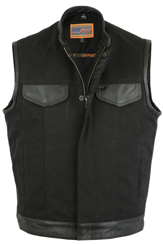 DS685 Canvas Material Single Back Panel Concealment Vest W/Leather Tr Men's Vests Virginia City Motorcycle Company Apparel 
