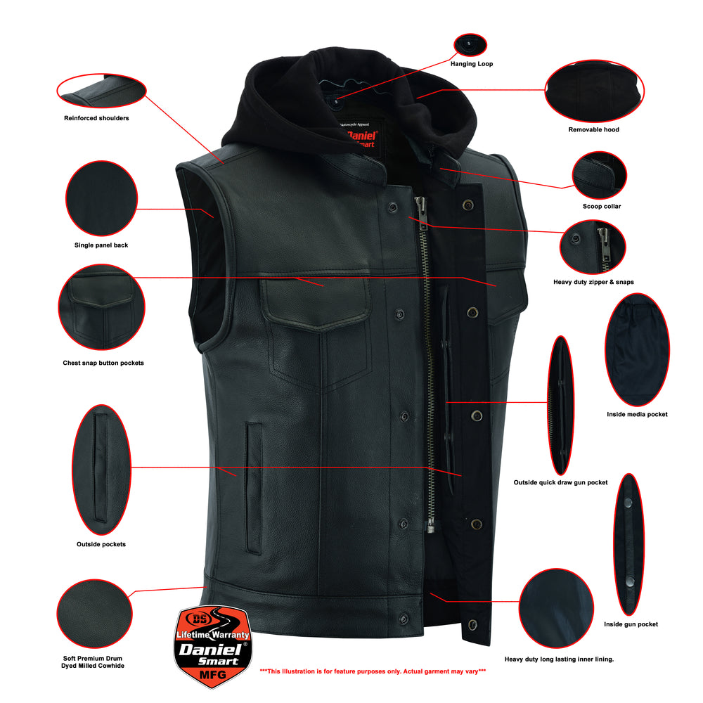 DS182 Concealed Snaps, Premium Naked Cowhide, Removable Hood & Hidden Men's Vests Virginia City Motorcycle Company Apparel 