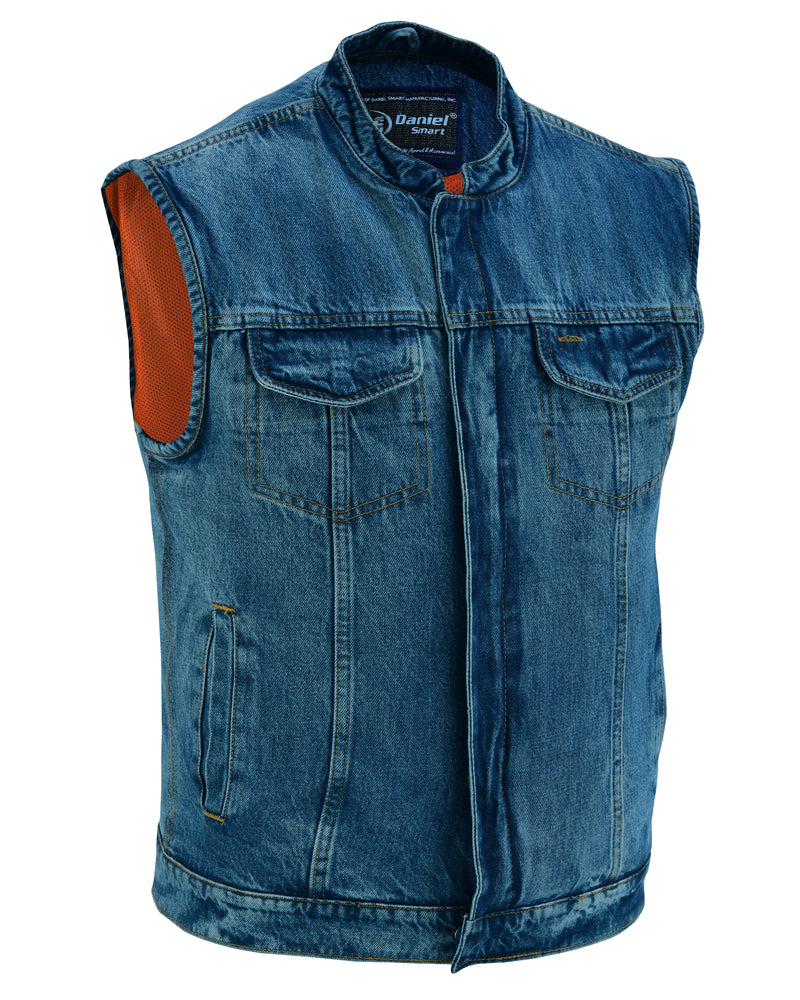 DM989BU Concealed Snap Closure, Denim Material, Scoop Collar & Hidden Men's Vests Virginia City Motorcycle Company Apparel 