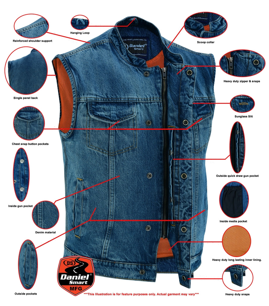 DM989BU Concealed Snap Closure, Denim Material, Scoop Collar & Hidden Men's Vests Virginia City Motorcycle Company Apparel 