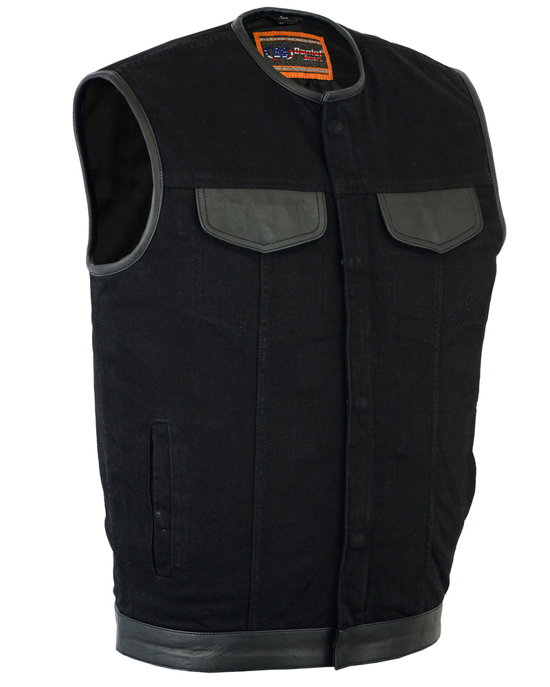 DM991 Men's Black Denim Single Panel Concealment Vest W/Leather Trim- Men's Vests Virginia City Motorcycle Company Apparel 