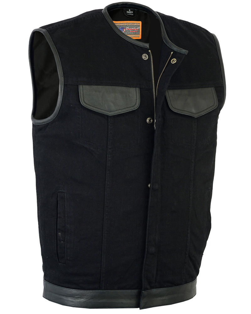 DM991 Men's Black Denim Single Panel Concealment Vest W/Leather Trim- Men's Vests Virginia City Motorcycle Company Apparel 