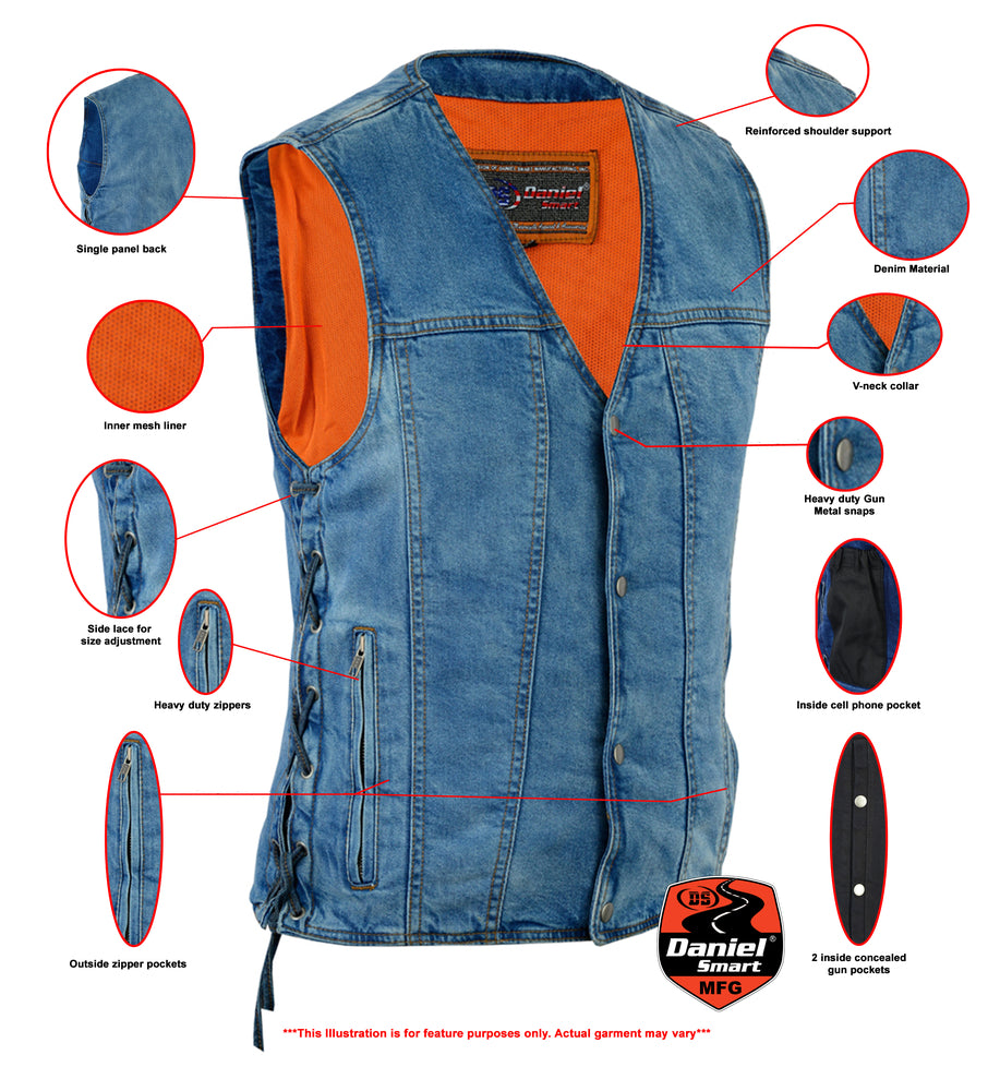 DM905BU    Men's Single Back Panel Concealed Carry Denim Vest Men's Vests Virginia City Motorcycle Company Apparel 