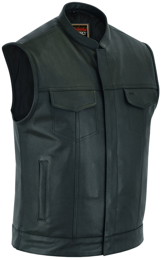 RC189A Concealed Snap Closure Men's Black Leather Vest Men's Vests Virginia City Motorcycle Company Apparel in Nevada USA