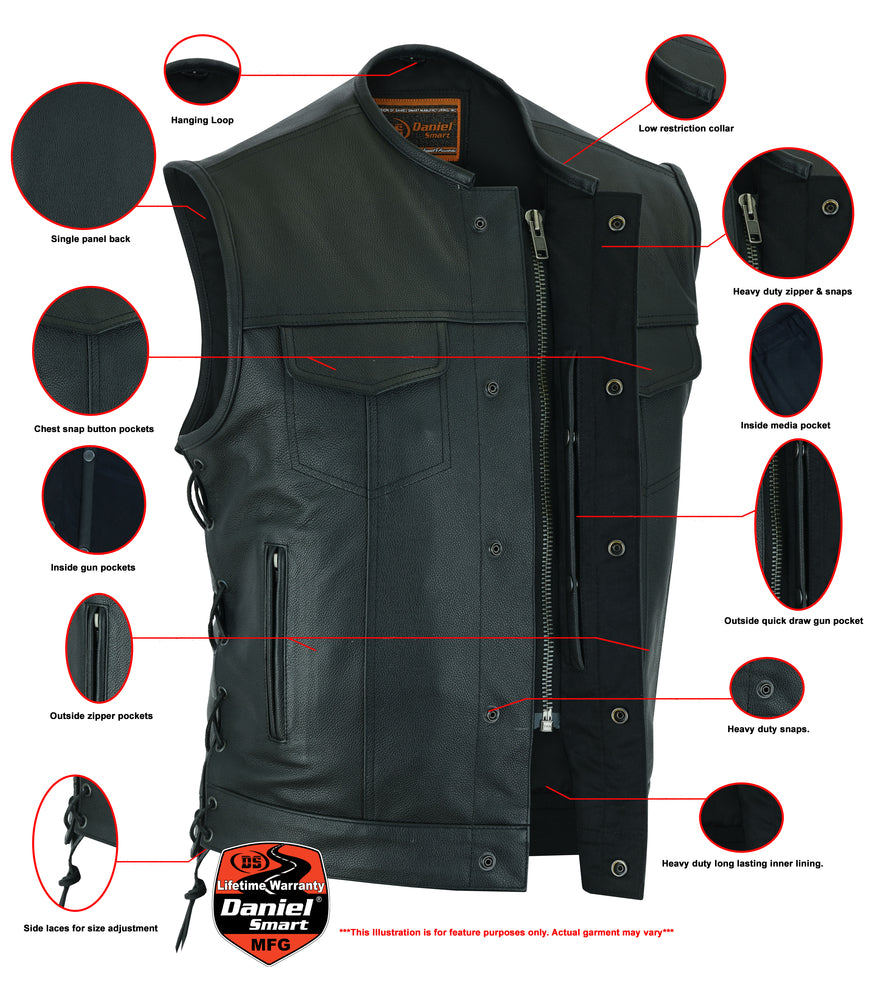 DS178 Upgraded Style Gun Pockets, Hidden 10" Gun Metal Zipper Men's Vests Virginia City Motorcycle Company Apparel 