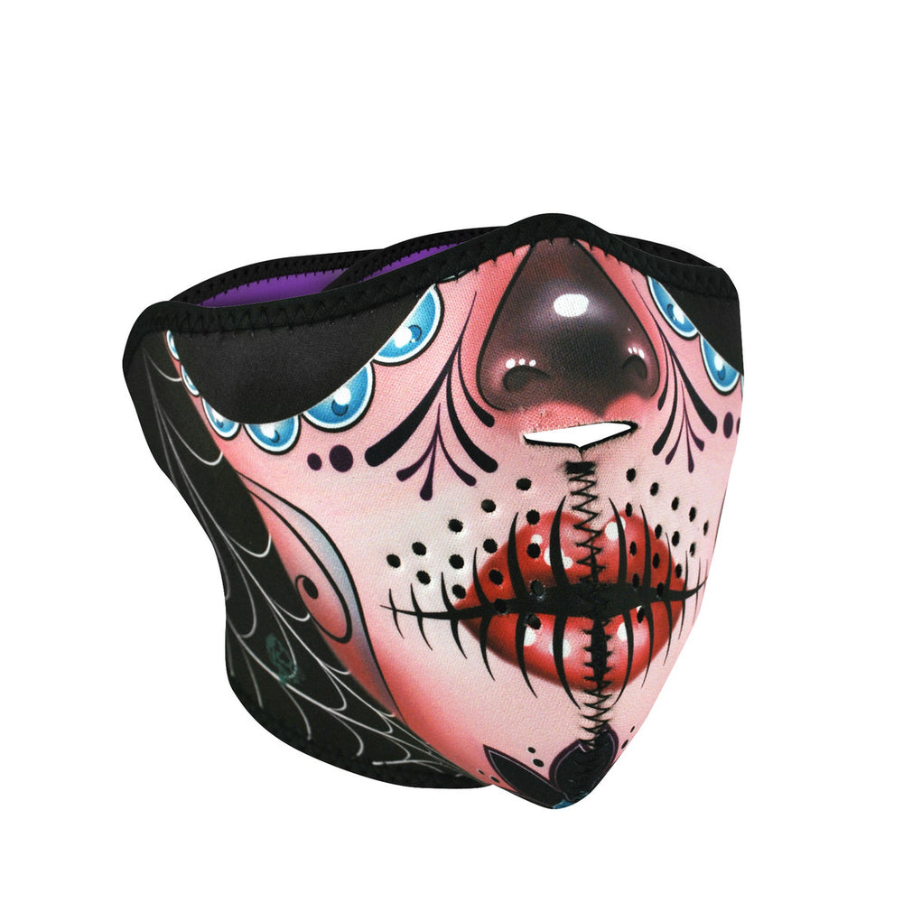 WNFM082H ZAN® Half Mask- Neoprene- Sugar Skull Reversible to Purp Half Facemasks Virginia City Motorcycle Company Apparel 