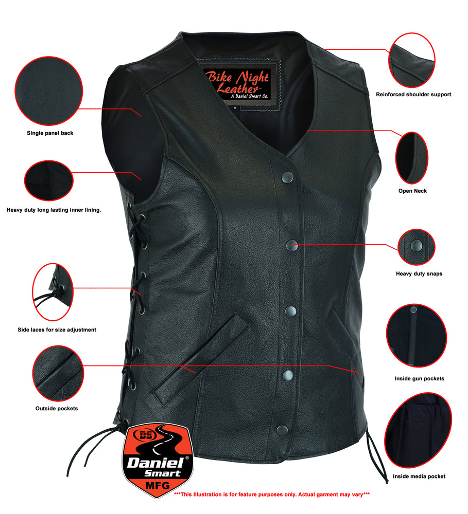 DS206 Women's Stylish Longer Body &frac34; Vest - Side Laces Women's Vests Virginia City Motorcycle Company Apparel 