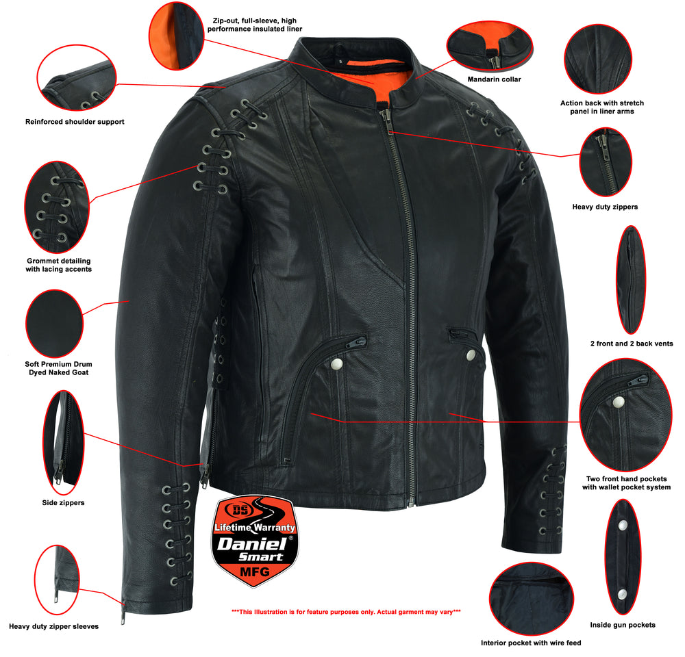DS885 Women's Stylish Jacket with Grommet and Lacing Accents Women's Leather Motorcycle Jackets Virginia City Motorcycle Company Apparel 