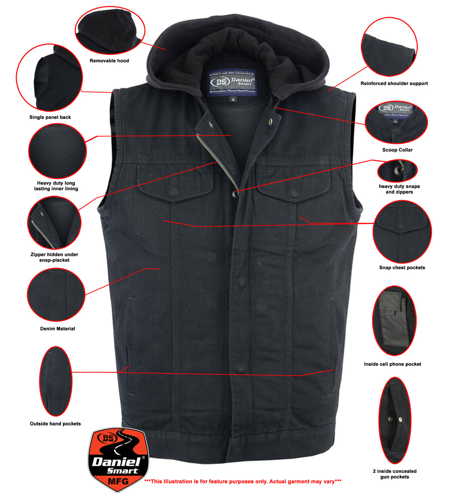 DM982 Men's Black Denim Single Back Panel Concealment Vest w/Rem Men's Vests Virginia City Motorcycle Company Apparel 