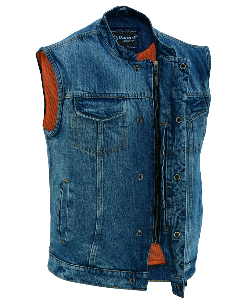 DM989BU Concealed Snap Closure, Denim Material, Scoop Collar & Hidden Men's Vests Virginia City Motorcycle Company Apparel 