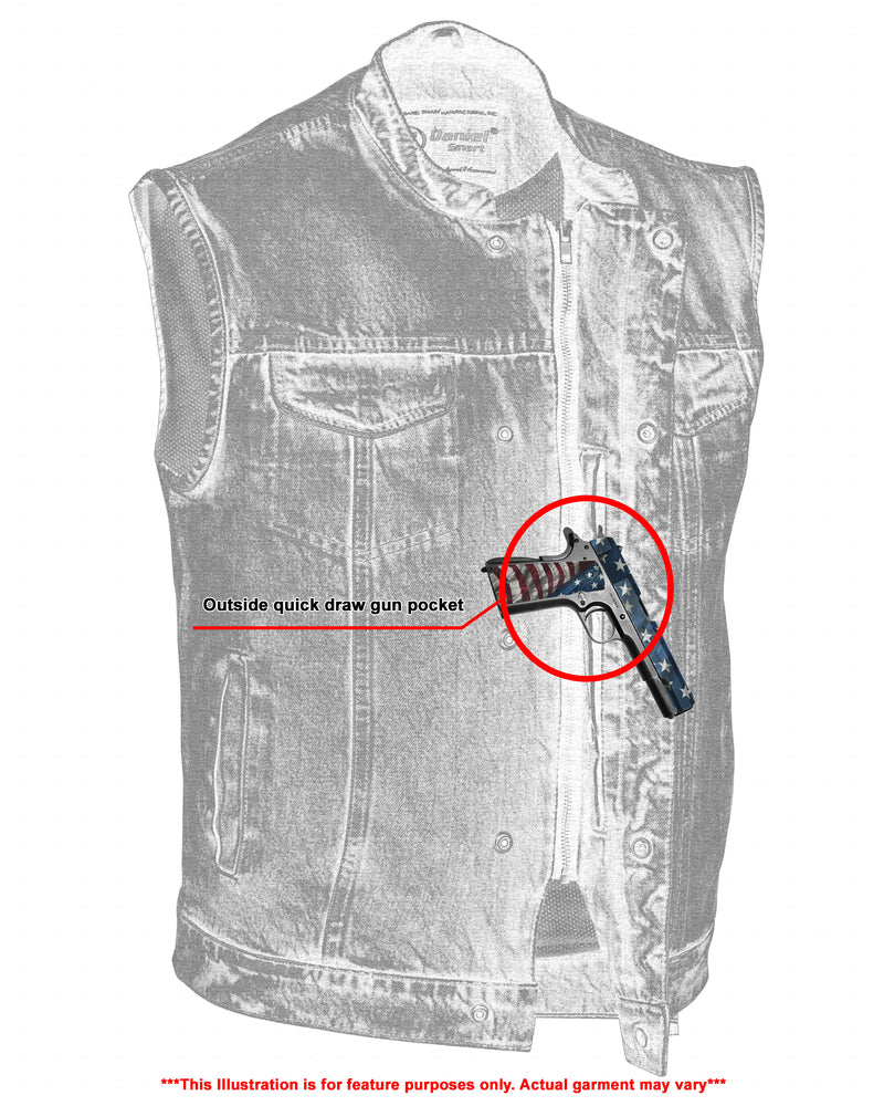 DM989BU Concealed Snap Closure, Denim Material, Scoop Collar & Hidden Men's Vests Virginia City Motorcycle Company Apparel 