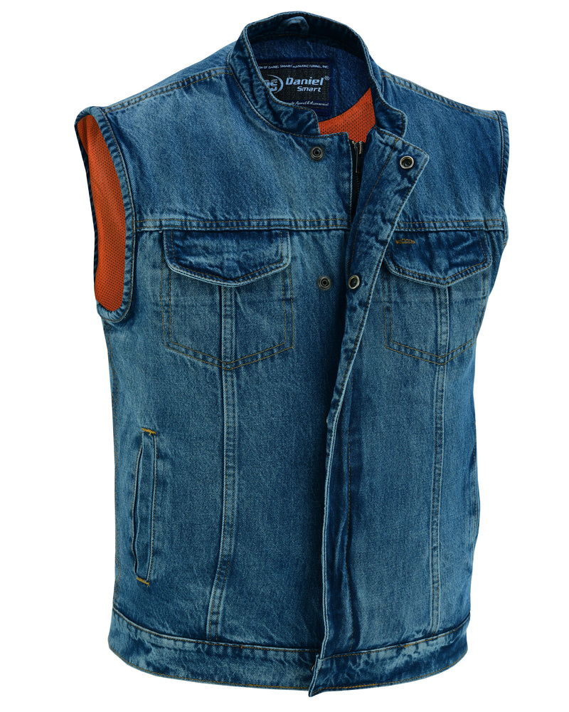 DM989BU Concealed Snap Closure, Denim Material, Scoop Collar & Hidden Men's Vests Virginia City Motorcycle Company Apparel 