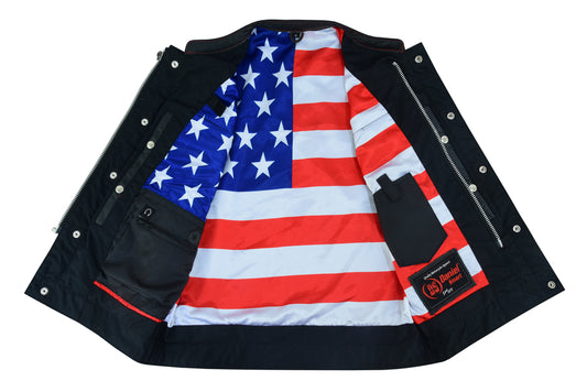 DS165 MEN'S LEATHER VEST WITH RED STITCHING AND USA INSIDE FLAG LININ Men's Vests Virginia City Motorcycle Company Apparel 