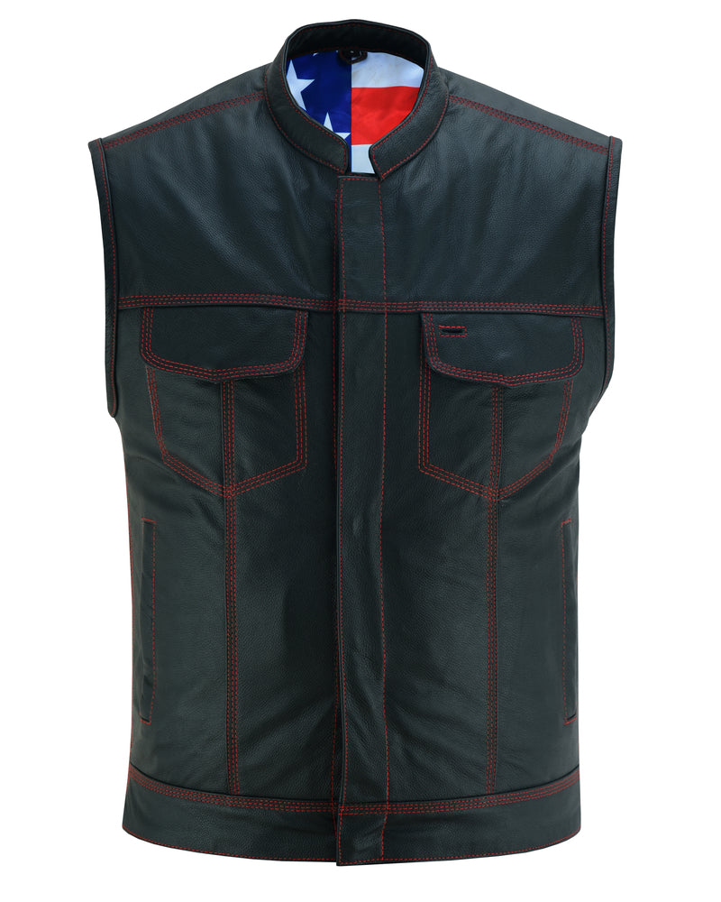 DS165 MEN'S LEATHER VEST WITH RED STITCHING AND USA INSIDE FLAG LININ Men's Vests Virginia City Motorcycle Company Apparel 