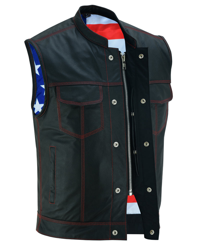 DS165 MEN'S LEATHER VEST WITH RED STITCHING AND USA INSIDE FLAG LININ Men's Vests Virginia City Motorcycle Company Apparel 
