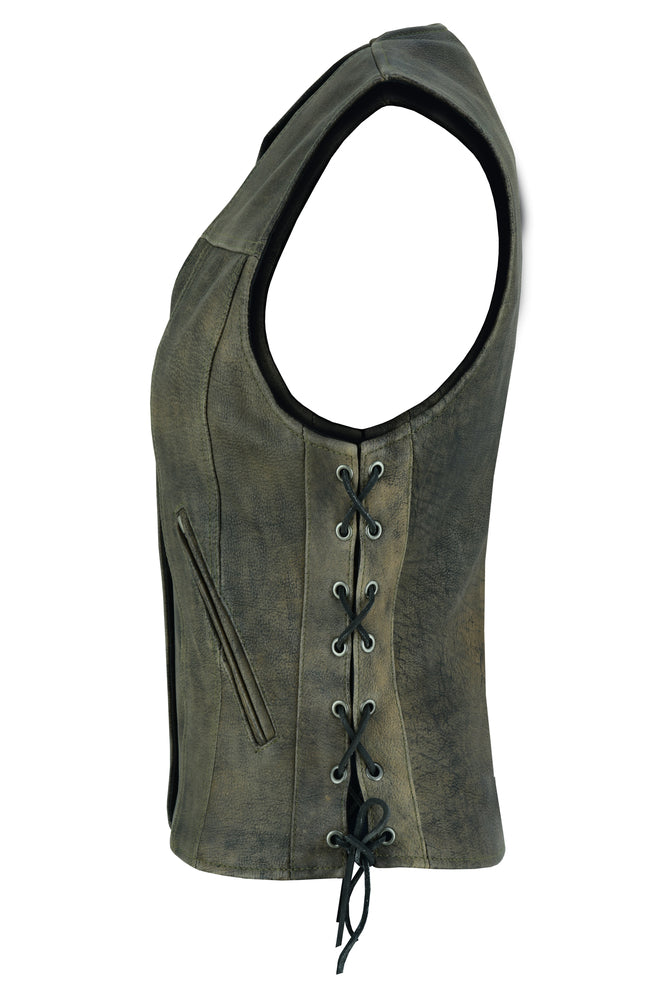 DS207 Women's Antique Brown Single Back Panel Concealed Carry Vest Women's Vests Virginia City Motorcycle Company Apparel 