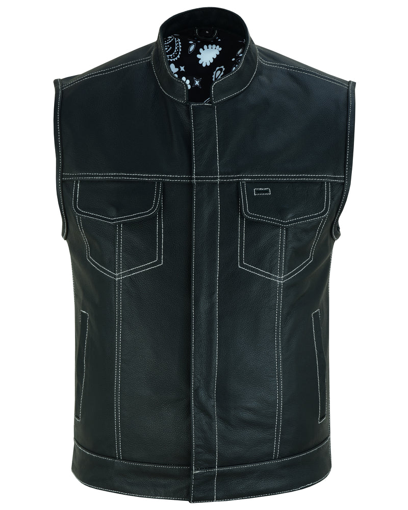 DS164 Men's Paisley Black Leather Motorcycle Vest with White Stitching Men's Vests Virginia City Motorcycle Company Apparel 