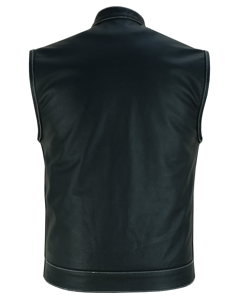 DS164 Men's Paisley Black Leather Motorcycle Vest with White Stitching Men's Vests Virginia City Motorcycle Company Apparel 