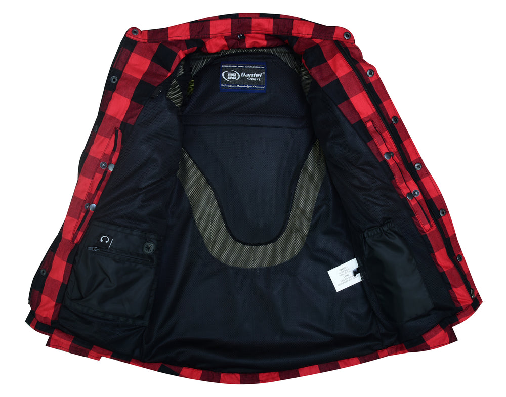 DS4671 Armored Buffalo Plaid Flannel Shirt - Red Mens Textile Motorcycle Jackets Virginia City Motorcycle Company Apparel 