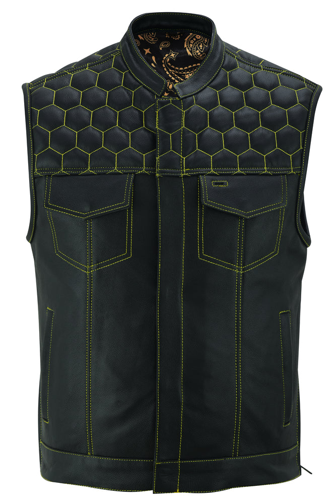 DS195 Men's Gold Accent Quilt Top Leather Vest "The Gold Rush" Men's Vests Virginia City Motorcycle Company Apparel 