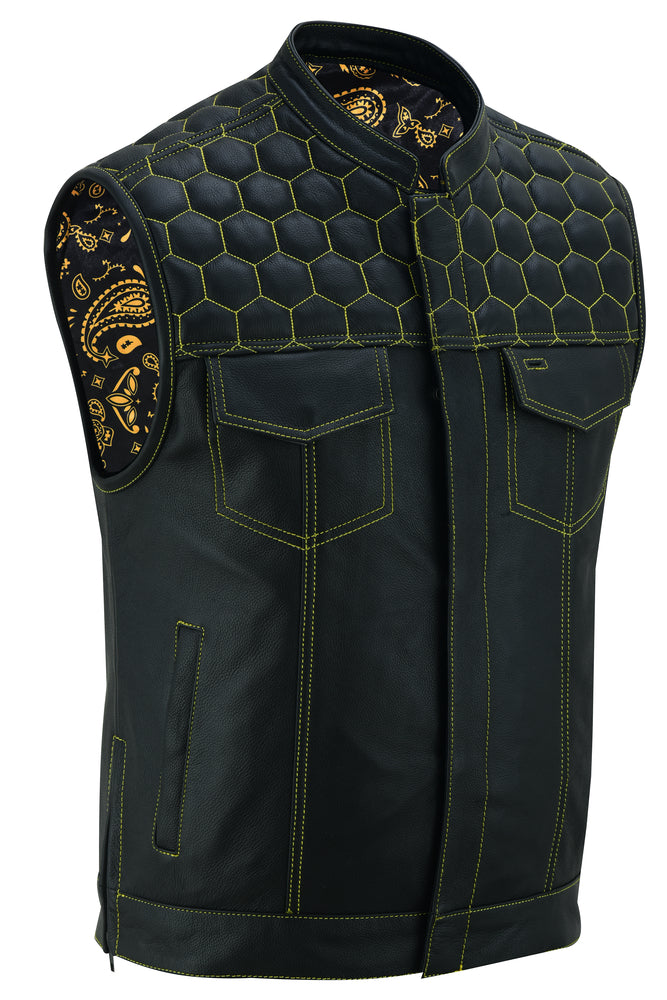 DS195 Men's Gold Accent Quilt Top Leather Vest "The Gold Rush" Men's Vests Virginia City Motorcycle Company Apparel 