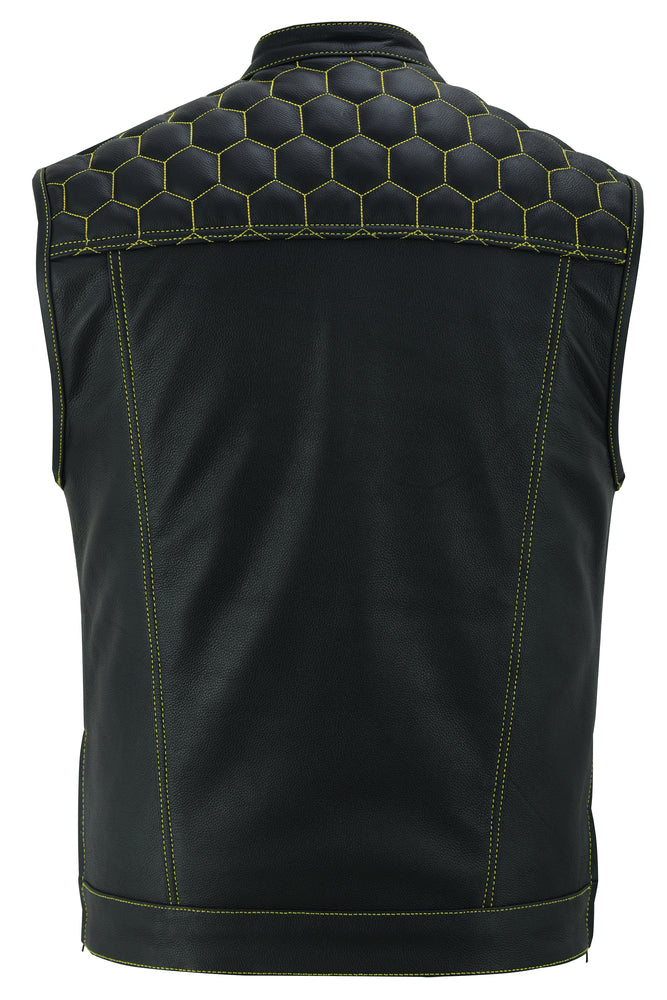 DS195 Men's Gold Accent Quilt Top Leather Vest "The Gold Rush" Men's Vests Virginia City Motorcycle Company Apparel 