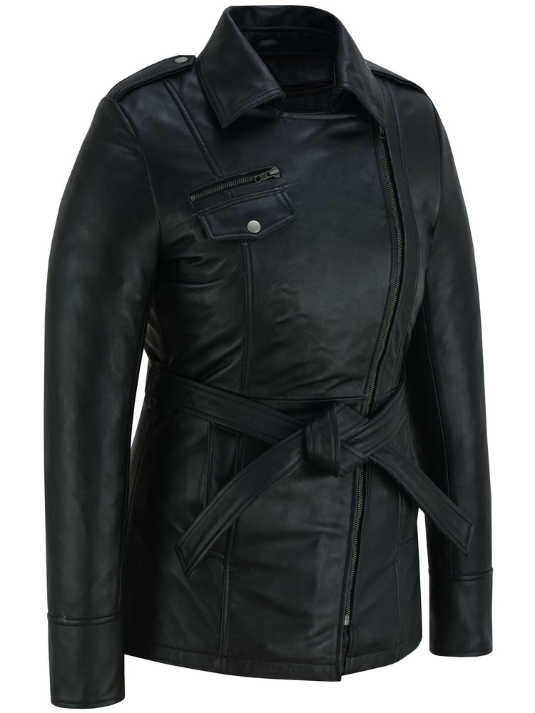 The Elan - Women's Black Thigh Length Leather Jacket | VC