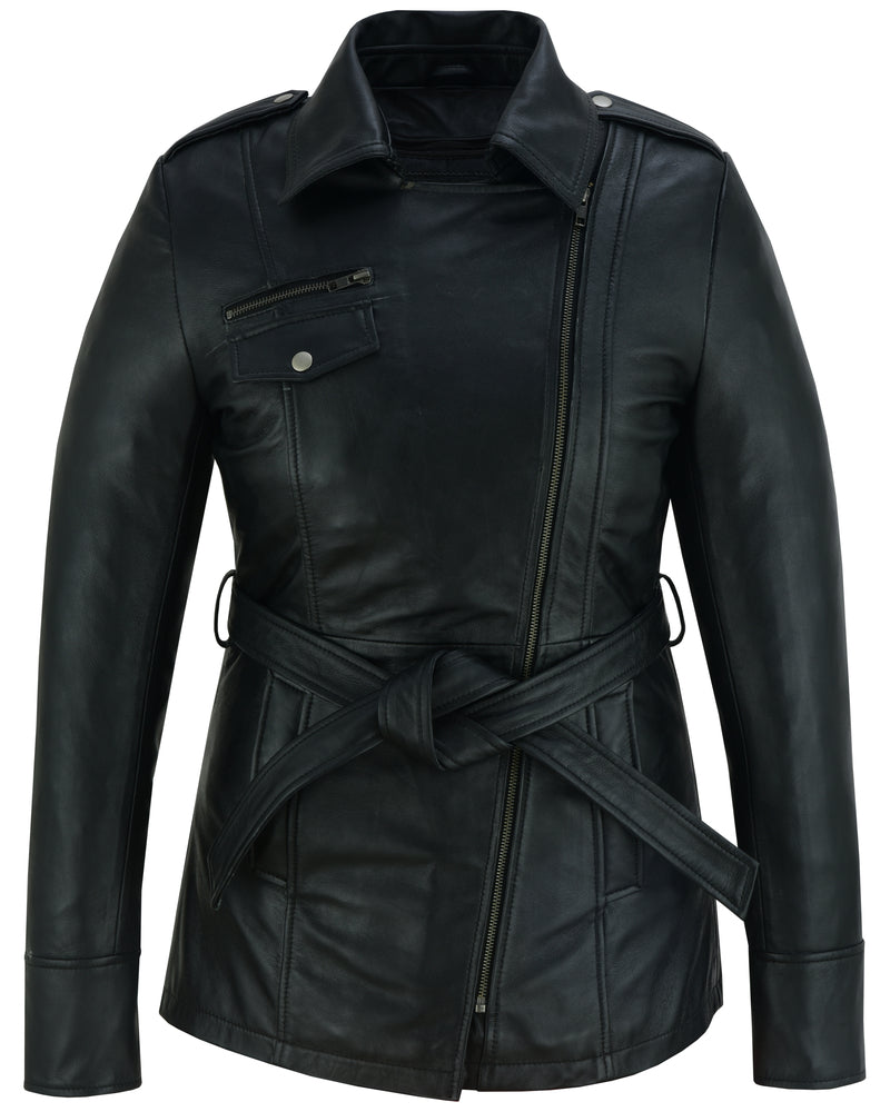 The Elan - Women's Black Thigh Length Leather Jacket women's leather jacket Virginia City Motorcycle Company Apparel in Nevada USA
