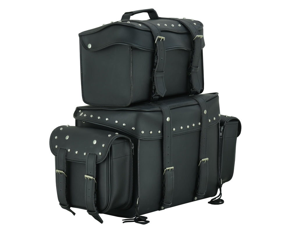 DS350S Leather Black PVC Large 4 Piece Motorcycle Touring Tail Bag wi Sissy Bar Bags Virginia City Motorcycle Company Apparel in Nevada USA