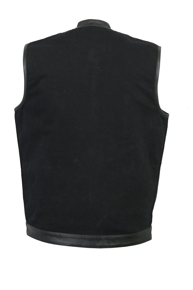 DM992 Men's Black Denim Single Panel Concealment Vest W/ Leather Trim Men's Vests Virginia City Motorcycle Company Apparel 