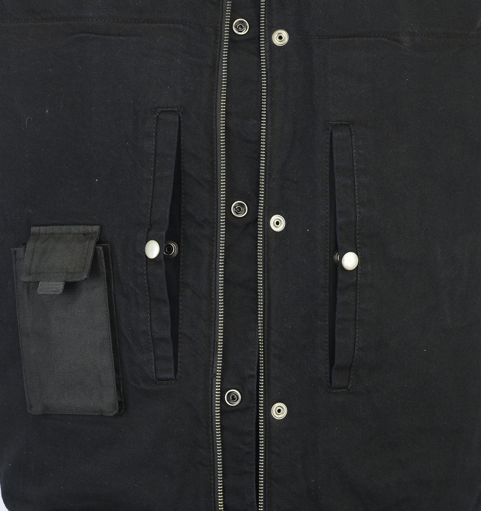 DM992 Men's Black Denim Single Panel Concealment Vest W/ Leather Trim Men's Vests Virginia City Motorcycle Company Apparel 