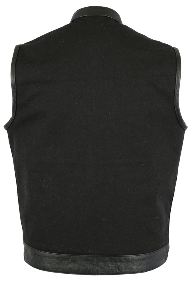 DS685 Canvas Material Single Back Panel Concealment Vest W/Leather Tr Men's Vests Virginia City Motorcycle Company Apparel 