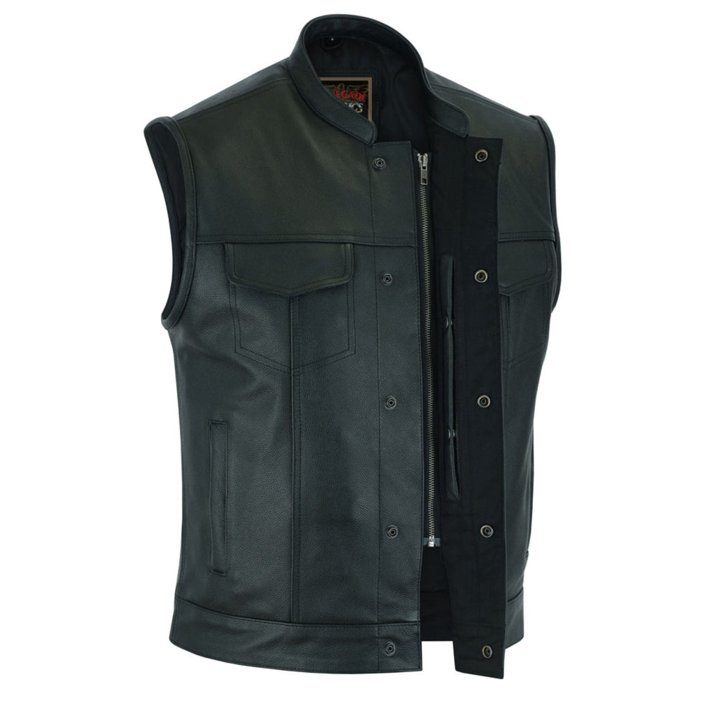 RC189A Concealed Snap Closure Men's Black Leather Vest Men's Vests Virginia City Motorcycle Company Apparel in Nevada USA