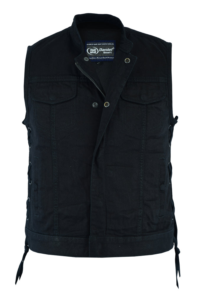 DM986 Women's Advance Side Laces Black Construction Denim Vest Women's Vests Virginia City Motorcycle Company Apparel 