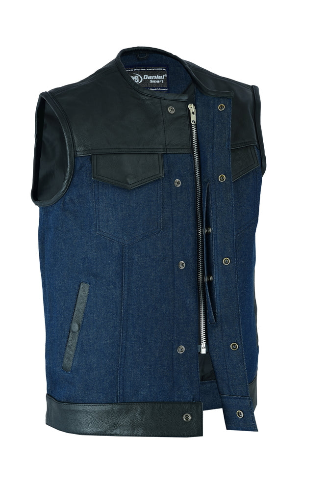DM933 Men's Leather/Denim Combo Vest (Black/Broken Blue) Men's Vests Virginia City Motorcycle Company Apparel 