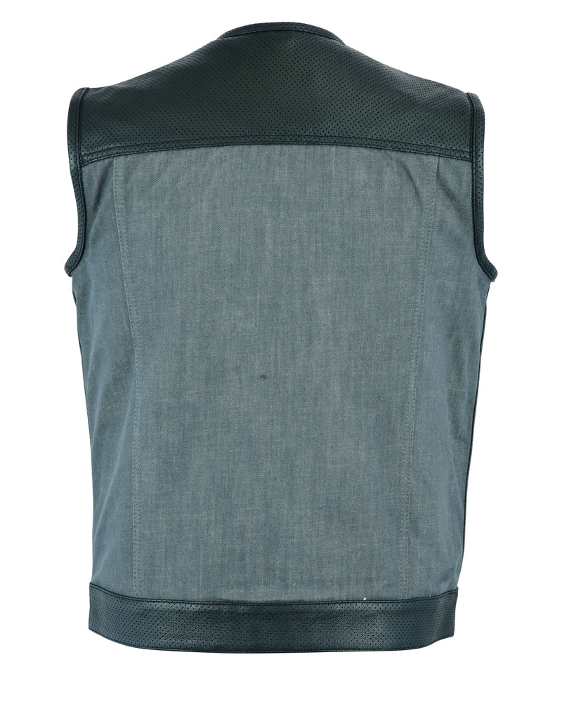 DM934 Men's Perforated Leather/Denim Combo Vest (Black/ Ash Gray) Men's Vests Virginia City Motorcycle Company Apparel 