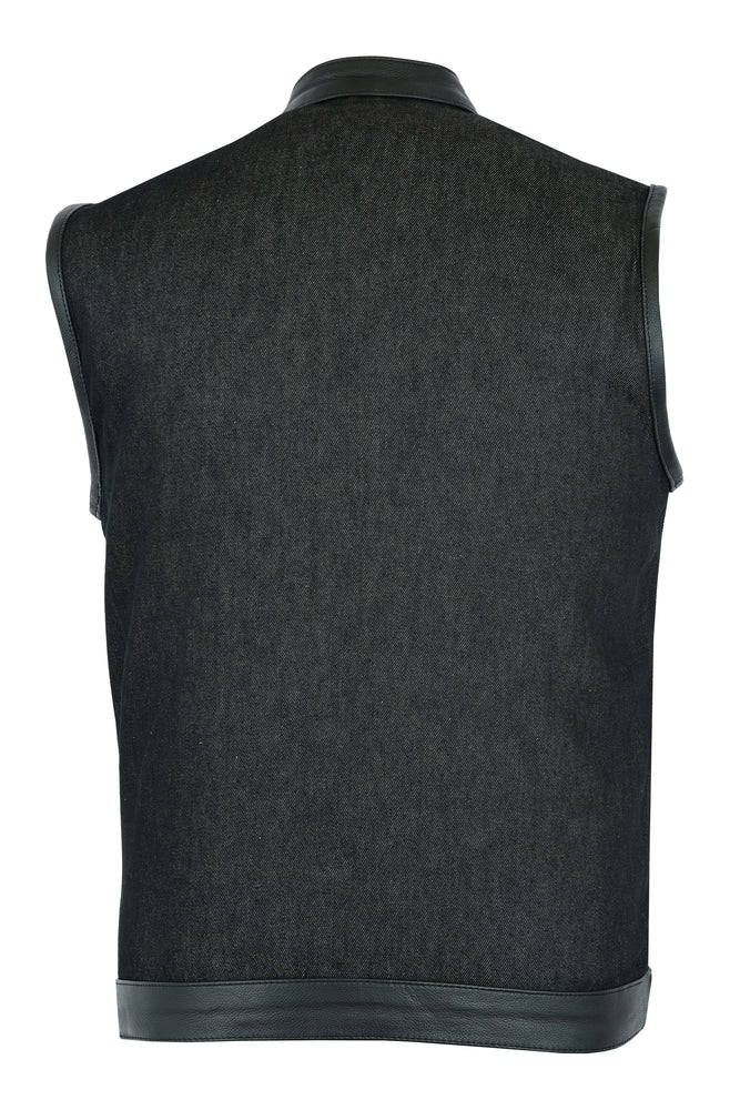 DM962 Men's Rough Rub-Off Raw Finish Denim Vest W/Leather Trim - Scoo Men's Vests Virginia City Motorcycle Company Apparel 