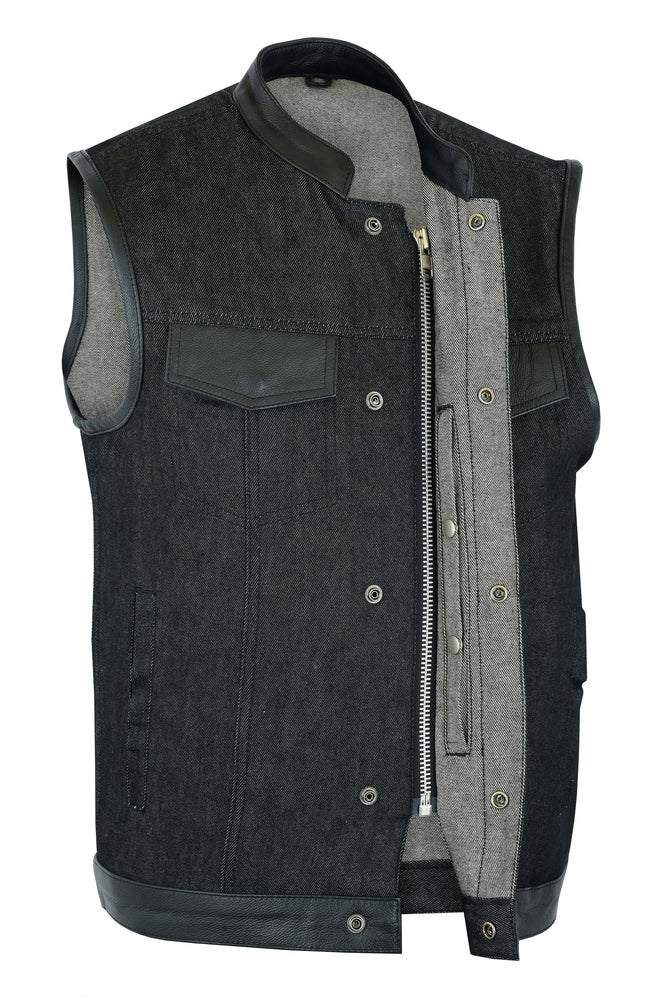 DM962 Men's Rough Rub-Off Raw Finish Denim Vest W/Leather Trim - Scoo Men's Vests Virginia City Motorcycle Company Apparel 