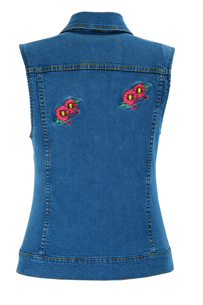 DM944 Women's Blue Denim Snap Front Vest with Red Daisy Women's Vests Virginia City Motorcycle Company Apparel 