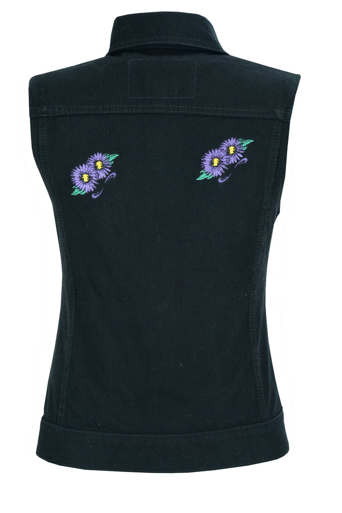 DM945 Women's Black Denim Snap Front Vest with Purple Daisy Women's Vests Virginia City Motorcycle Company Apparel 